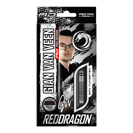 Red Dragon Gian Van Veen Tour Edition Softdarts - 20g Auf dem Bild ist die Verpackung der "Red Dragon Gian Van Veen Tour Edition Softdarts - 20g" zu sehen. Die Packung zeigt ein Porträt von Gian Van Veen und ein Sichtfenster mit einem Dartpfeil.