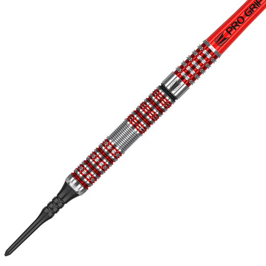 210094_Target_Hema_10_Softdarts_2 Das Bild zeigt einen Target Hema 10 Softdart. Der Dart hat ein silbernes und rotes Design mit einem schwarzen Softdart-Spitze.