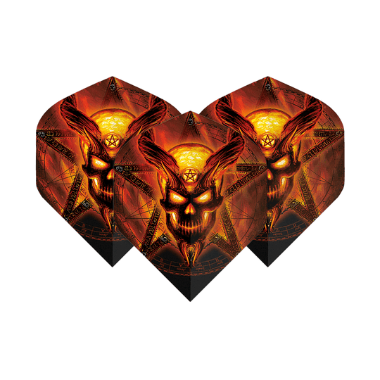 Alchemy Burning Temple No2 Standard Flights Die Abbildung zeigt drei Dart-Flights mit einem brennenden, dämonischen Totenkopf-Design vor einem Pentagramm. Die Farben sind hauptsächlich feuriges Rot und Gelb, was dem Produkt ein auffälliges und dramatisches Aussehen verleiht.