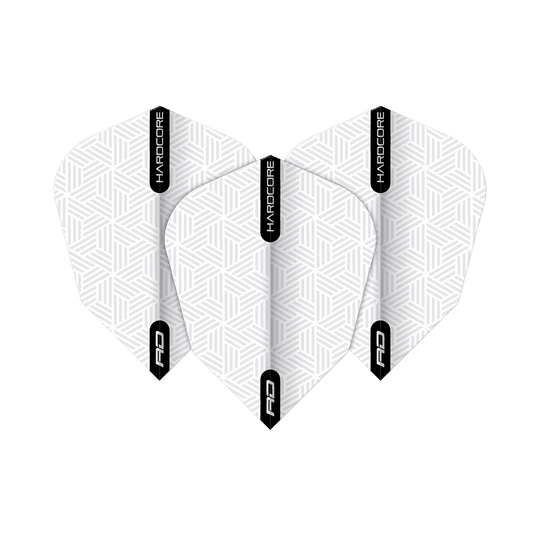 TF6848_Red_Dragon_White_V-Standard_Flights_1jqerqLFNEYyav Das Bild zeigt drei weiße Red Dragon V-Standard Flights mit geometrischem Muster. Auf jedem Flight steht "HARDCORE" und "RD" in schwarzen Streifen.