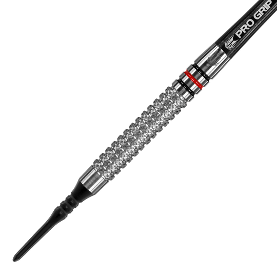 Target Vapor8 05 soft darts - 18g Das Bild zeigt einen Target Vapor8 05 Softdart mit einem Gewicht von 18 Gramm. Der Dart hat eine strukturierte Griffoberfläche und eine schwarze Pro Grip Shafts.