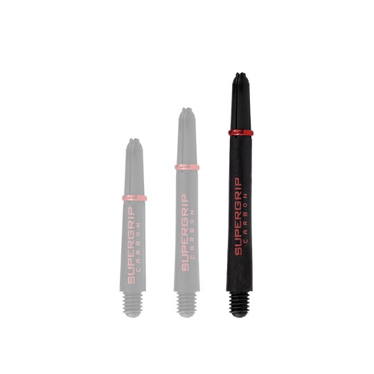 Das Bild zeigt drei schwarze Dartschäfte der Marke Harrows Supergrip Carbon mit roter Aufschrift. Die Schäfte sind in unterschiedlichen Längen dargestellt.