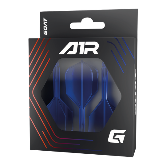 Die Abbildung zeigt das Produkt "GOAT A1R No6 Flight-Shaft-System - Blau" in seiner Verpackung. Im Inneren sind blaue Dart-Flights und -Schäfte sichtbar.