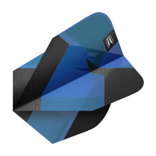 Target Pro Ultra TAG Blue Ten-X Standard Flights - 3 Sets Das Bild zeigt einen blauen Dartflight mit schwarzen Mustern und einem kleinen silbernen Logo. Es handelt sich um das Produkt "Target Pro Ultra TAG Blau Ten-X Standard Flights - 3 Sets".