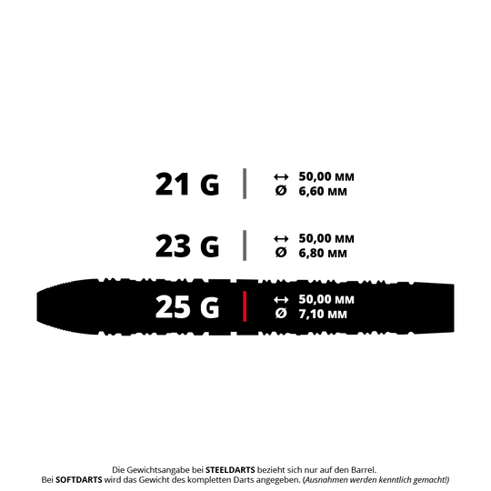 Das Bild zeigt drei verschiedene Gewichtsoptionen für Steeldarts: 21 g, 23 g und 25 g, jeweils mit einer Länge von 50,00 mm. Der Durchmesser variiert zwischen 6,60 mm, 6,80 mm und 7,10 mm.