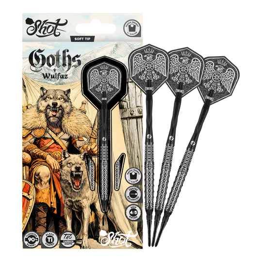 Shot Goths Wulfaz soft darts - 20g Abgebildet sind die Shot Goths Wulfaz Softdarts - 20g in einer Gesamtansicht. Sie sind perfekt für Softdartspieler geeignet.