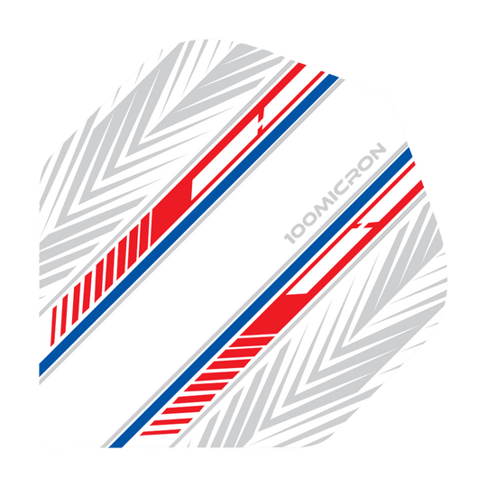 Pentathlon Flights white/red/blue Das Bild zeigt ein Dartflight in Weiß mit roten und blauen Streifen. Auf dem Flight steht „100 Micron“ und es hat ein geometrisches Muster im Hintergrund.