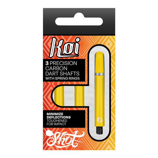 Shot Koi Carbon Shafts - Yellow Das Bild zeigt eine Packung mit drei gelben Präzisions-Carbon-Dartschäften der Marke Koi. Die Verpackung betont, dass die Schäfte mit Federringen ausgestattet sind und dazu dienen, Ablenkungen zu minimieren.
