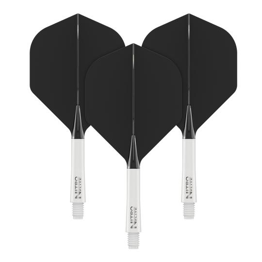 Red Dragon Nitroflite - White Shaft Black No2 Flights Auf dem Bild sind drei schwarze Dartflights mit weißen Shafts zu sehen. Sie stehen nebeneinander und zeigen das gleiche Design.