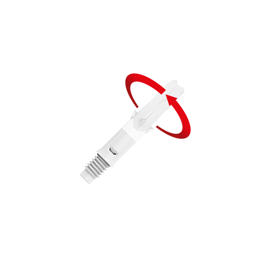 L-L-Style-Shafts Silent Straight - White Auf dem Bild ist ein transparenter Dart-Shaft zu sehen. Ein roter Pfeil um das obere Ende zeigt an, dass sich dieses Teil drehen kann.