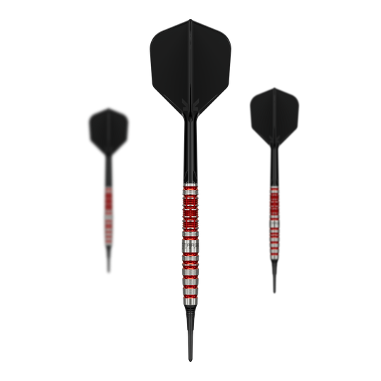 Target Black Marque Spinel Softdarts - 21,5g ist ein Softdart-Set für präzises Spiel. Das Bild zeigt alle Komponenten des Sets auf einen Blick.
