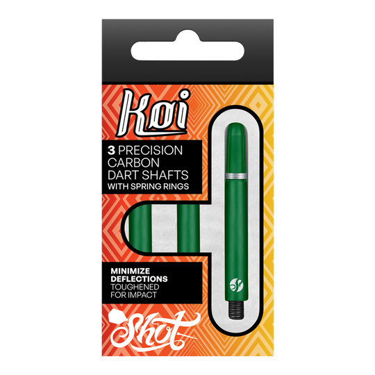 Auf dem Bild ist eine Verpackung mit drei grünen Präzisions-Carbon-Dartshafts von Koi zu sehen. Die Verpackung betont, dass die Shafts mit Federringen ausgestattet sind und speziell gehärtet wurden, um Abpraller zu minimieren.