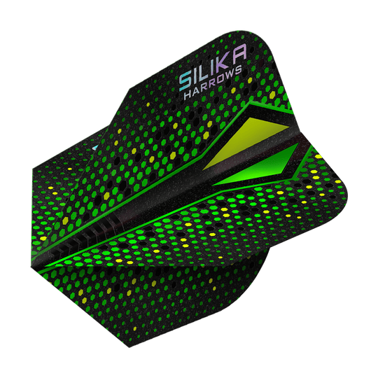 Harrows Silika Colorshift Tough Crystalline Coating Green-X No6 Flights Die Abbildung zeigt die Harrows Silika Colourshift Tough Crystalline Coating Green-X No6 Flights. Das Produkt hebt sich durch ein farbiges Design hervor.