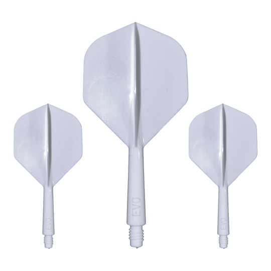 Hier ist das Evolution EVO1 Flight-Shaft-System in Weiß abgebildet. Dieses Produkt ist für den Einsatz im Dartsport bestimmt.