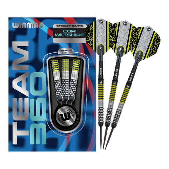Das Bild zeigt die Winmau Team 360 Cori Wiltshire Steeldarts mit 24 Gramm. Diese hochwertigen Steeldarts sind für professionelle Dartspieler geeignet.