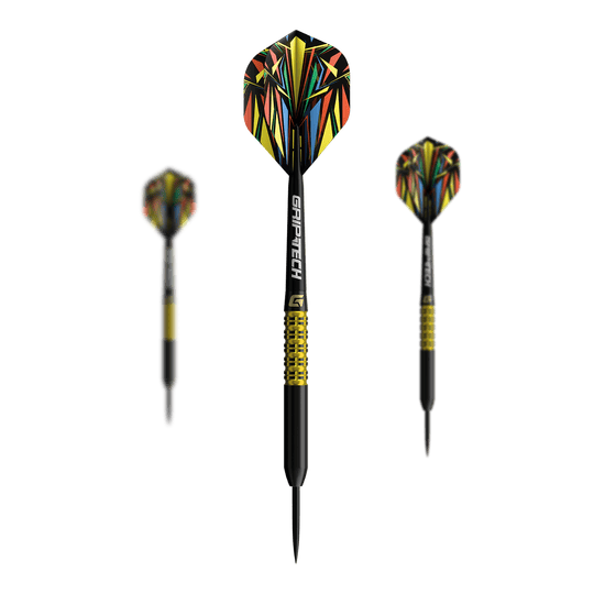Das Bild zeigt einen gelben Tungsten-Steeldart. Das Produkt ist unter dem Namen 'GD7000770 GOAT Athlete Yellow Tungsten Steeldarts 1 Set' bekannt.
