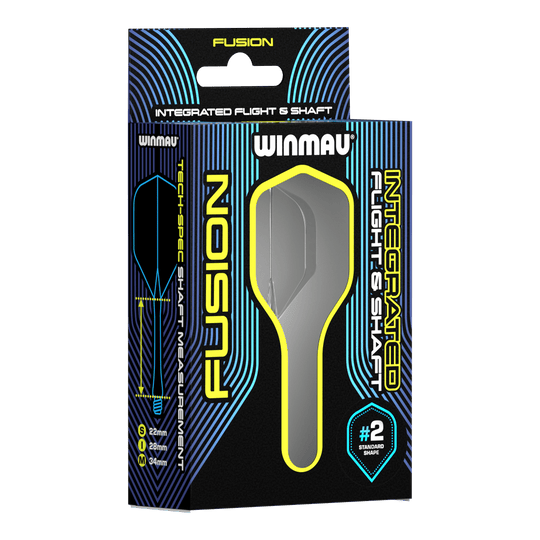 Winmau Fusion Flight Shaft System Standard Smokey Auf dem Bild ist eine Verpackung des Winmau Fusion Integrated Flight & Shaft Systems zu sehen. Das Produkt hat die Größe 22 mm und ist in der Farbe "Smokey" erhältlich.