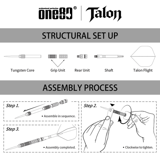 One80 Talon T1 steel darts Abgebildet sind die One80 Talon Steeldarts. Diese Darts bieten eine hochwertige Verarbeitung und ein modernes Design.