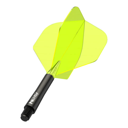 Das Bild zeigt einen Dartpfeil mit einem schwarzen Schaft und leuchtend gelben Flights. Auf dem Schaft steht der Schriftzug "Nitro Flite".