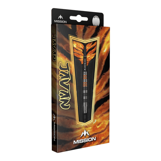 Mission Javan Brass Soft Darts - 18g Die Abbildung zeigt die Verpackung der "Mission Javan Brass Softdarts - 18g". Die Verpackung ist auffällig gestaltet und zeigt einen einzelnen Dartpfeil durch ein Sichtfenster.