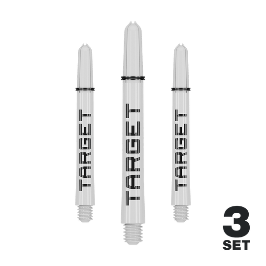 Target Pro Grip TAG Shafts - 3 Sets - White Das Bild zeigt drei weiße Dartschäfte mit der Aufschrift "TARGET". In der rechten unteren Ecke steht "3 SET".