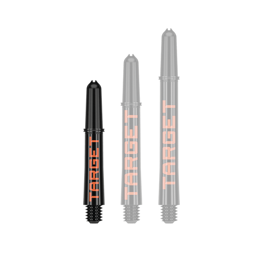 Target Pro Grip TAG Shafts - 3 Sets - Black Orange Auf dem Bild sind drei schwarze Dartschäfte in unterschiedlichen Längen zu sehen. Auf jedem Schaft steht in orangefarbener Schrift das Wort "TARGET".