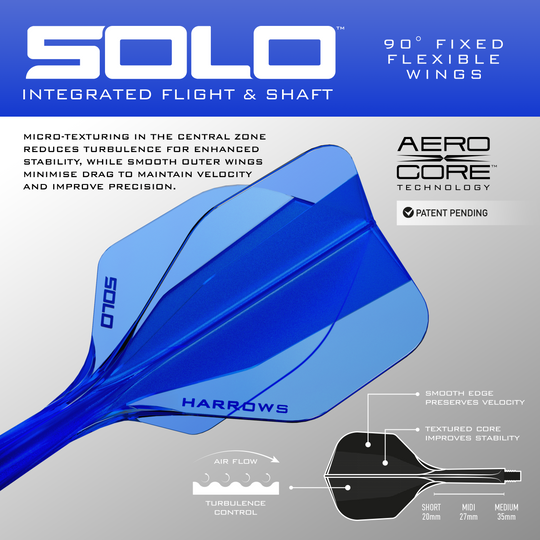 Zu sehen ist das blaue Harrows Solo No6 Flight-Shaft-System. Dieses Produkt wird für Dartpfeile verwendet.
