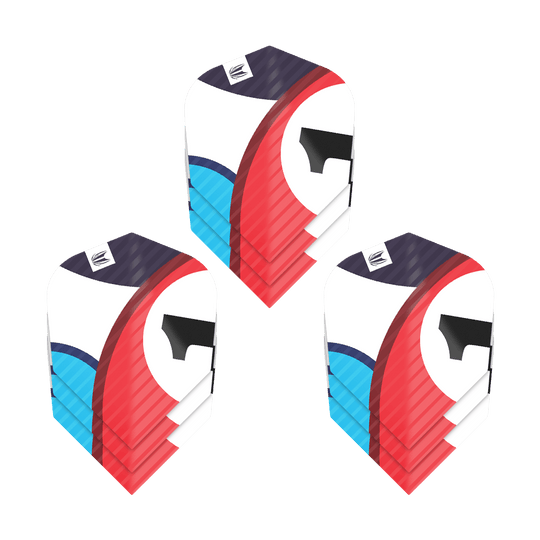 Das Bild zeigt drei Sätze von Target Pro Ultra Chicane Blue No6 Flights. Die Flights sind bunt gestaltet mit Blau, Rot, Schwarz und Weiß.