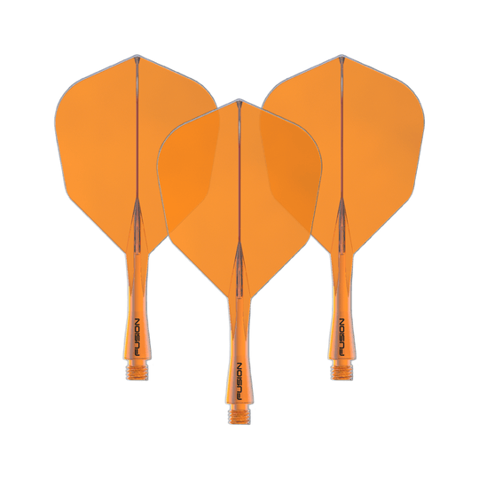 Dies ist ein Bild eines Winmau Fusion Flight Shaft Systems No6 in Neon Orange, 22 mm. Das Produkt wird als Set dargestellt.