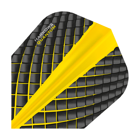 HR6809_Harrows_Quantum_Gelb_No6_Flights_1 Das Bild zeigt das Produkt "Harrows Quantum Gelb No6 Flights". Das Dart-Flight ist schwarz mit einem gelben Muster und hat eine strukturierte Oberfläche.