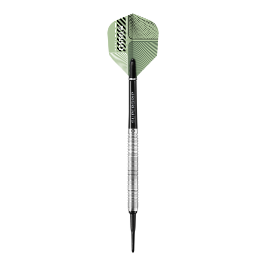 Harrows Control Parallel Softdarts Das Bild zeigt einen Harrows Control Parallel Softdart mit einem silbernen und schwarzen Schaft. Die Dartflügel sind grün gemustert und tragen das Markenlogo.