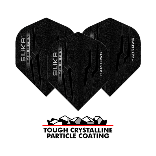 Das Bild zeigt drei schwarze Harrows Silika Black-Edition No2 Standard Flights. Unten steht der Schriftzug „Tough Crystalline Particle Coating“ mit einer Grafik von Kristallen.