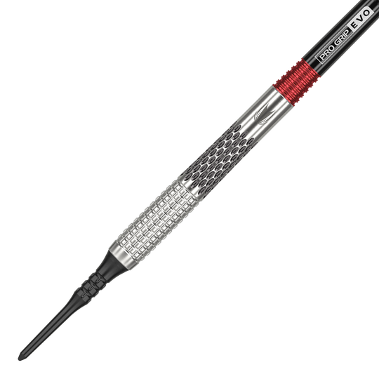 Target Stephen Bunting GEN5 Soft Darts - 18g Das Bild zeigt einen Target Stephen Bunting GEN5 Softdart mit einem Gewicht von 18g. Der Dart hat ein silbernes Griffstück mit schwarzen und roten Akzenten.