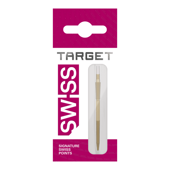 Target Elysian Archetype 43 Swiss Point Steel Dart Tips - Gold Auf diesem Bild sind goldene Dartspitzen der Target Elysian Archetype 43 SwissPoint Serie zu sehen. Es werden drei Spitzen zusammen präsentiert.