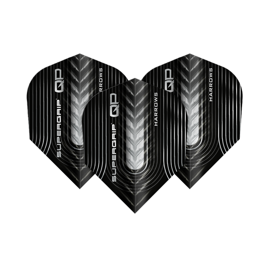 Harrows Supergrip QP No6 Flights sind Dartflights mit besonderem Design. Dieses Bild zeigt ein Set dieser Flights.