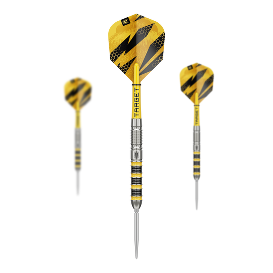Abgebildet sind die Target Buzz 01 Swiss Points Steeldarts. Diese Darts sind robust und präzise gefertigt.