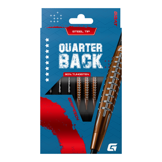 Das Bild zeigt die GOAT Quarterback V1 Tungsten Steeldarts in einer blauen Verpackung. Die Darts bestehen zu 90% aus Tungsten und haben eine Stahlspitze.