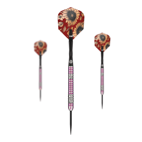 Das Bild zeigt drei Steeldarts der Marke Shot Pro Series Barora Hospodarska mit einem Gewicht von 23g. Die Flights haben ein auffälliges Sonnenblumenmuster auf rotem Hintergrund.