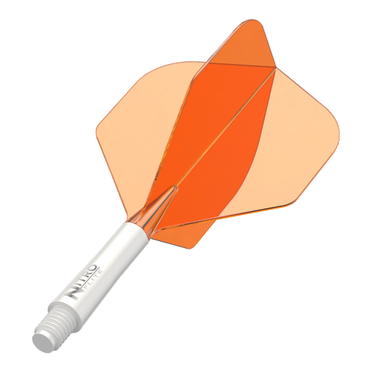 Red Dragon Nitroflite White Shaft Orange Flights No2 Abgebildet ist ein Dart-Schäfte-Set mit weißem Schaft und orangen Flights. Das Produkt scheint ein Red Dragon Nitroflite Modell in kurzer Ausführung zu sein.