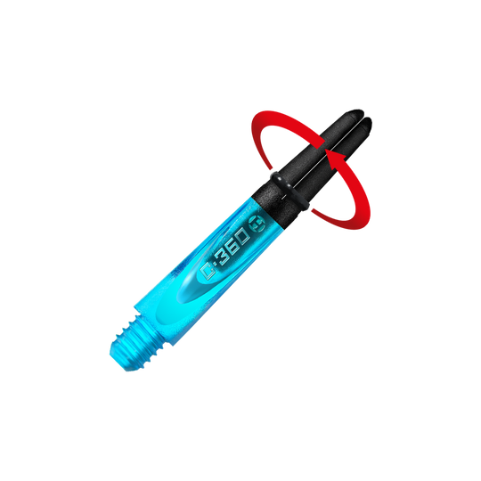 HR443_Harrows_Carbon_360_Shafts_Aqua_35mm_2_Symbol Das Bild zeigt einen blauen Dart-Schaft mit schwarzem oberen Ende. Auf dem Schaft steht "C-360" geschrieben.