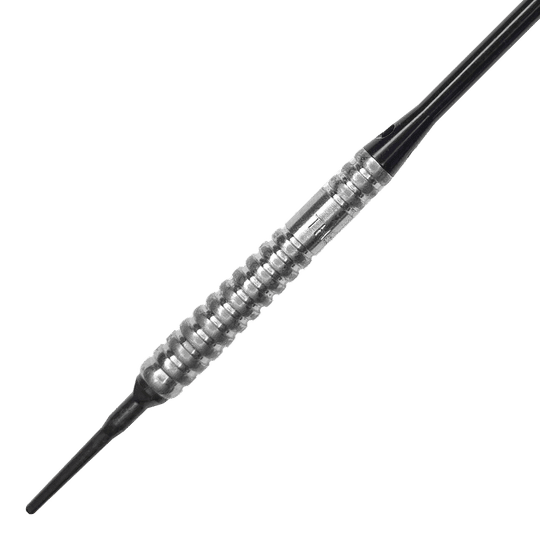 McDart 85 Tungsten V20 Soft Darts - 17g Auf dem Bild ist ein McDart 85er Tungsten V20 Softdart mit einem Gewicht von 17g zu sehen. Der Dartpfeil hat eine silberne, geriffelte Griffzone und eine schwarze Spitze.