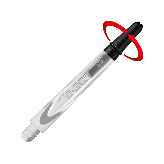 HR448_Harrows_Carbon_360_Shafts_Clear_49mm_2_Symbol Das Bild zeigt einen transparenten Dart-Schaft mit der Aufschrift "C-360". Der obere Teil des Schafts ist schwarz und hebt sich vor einem roten Hintergrund ab.