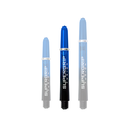 Das Bild zeigt drei blaue Harrows Supergrip Fusion Shafts in verschiedenen Längen. Die Shafts bestehen aus einem blauen und schwarzen Farbverlauf mit weißer Aufschrift.