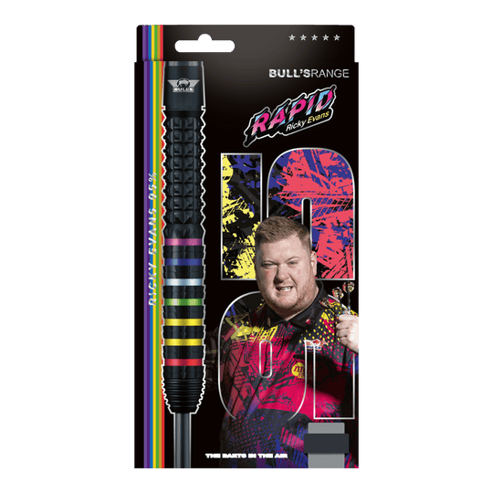 Das Foto zeigt die Bulls NL Ricky Evans Rapid 95 Steeldarts in der 23g-Ausführung. Die Darts werden aus einer anderen Perspektive dargestellt.