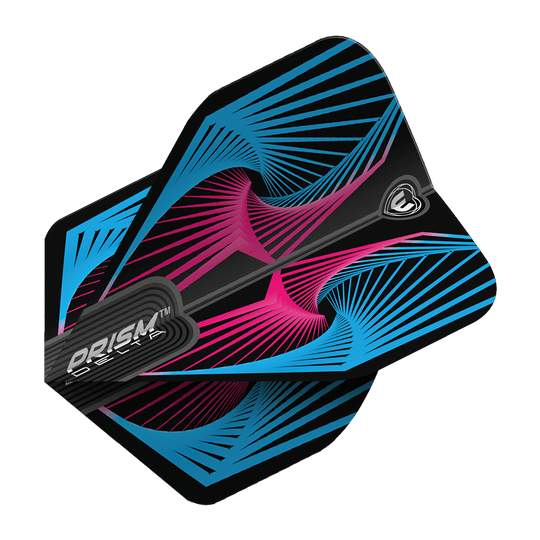6915-239_Winmau_Prism_Delta_Spiral_BluePink_Standard_Flights_2krbwsaq6eCyTT Das Bild zeigt das Produkt "Winmau Prism Delta Spiral BluePink Standard Flight". Es hat ein schwarzes Design mit blauen und pinken spiralförmigen Linienmustern.