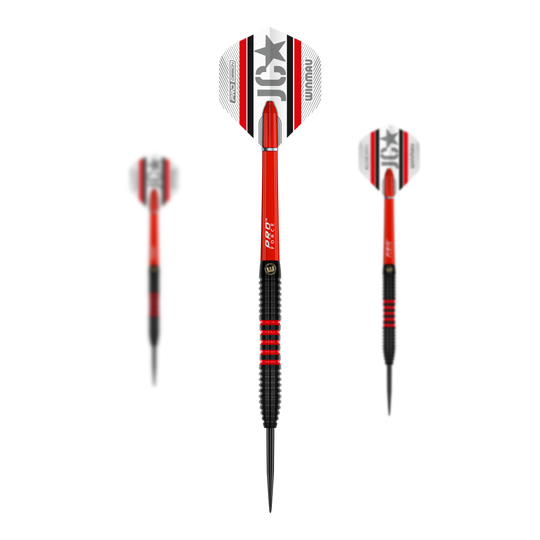 Winmau Joe Cullen 85 Pro-Series steel darts Das Bild zeigt drei Winmau Joe Cullen 85 Pro-Series Steeldarts. Die Darts sind rot, schwarz und weiß gestaltet und haben das Logo sowie den Namen auf den Flights.