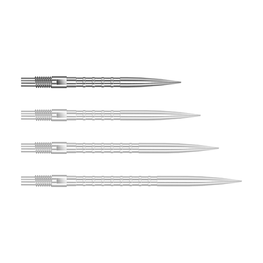 Das Bild zeigt Harrows Quick Point Heavy Metal Grip Dartspitzen in Silber mit einer Länge von 26mm. Dies ist das erste Stück der Serie.