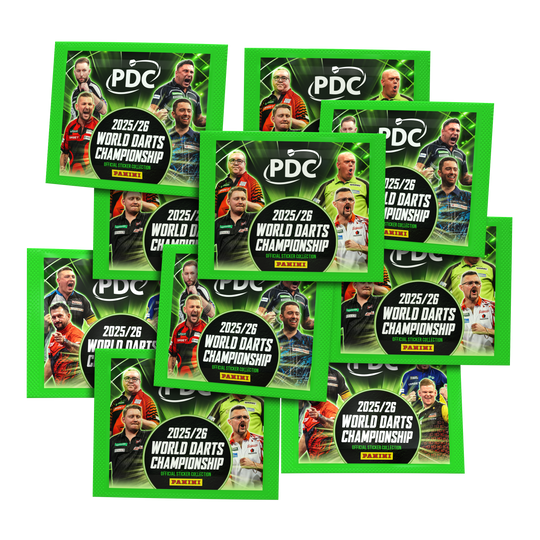 Panini PDC World Darts Championship 2025/26 - Softcover Starter Bundle with 10 Sticker Packs Hier ist das Panini PDC World Darts Championship 2025/26 - Softcover Starter Bundle mit 10 Sticker Packs zu sehen. Das Set beinhaltet das offizielle Stickerheft und mehrere Stickerpäckchen.