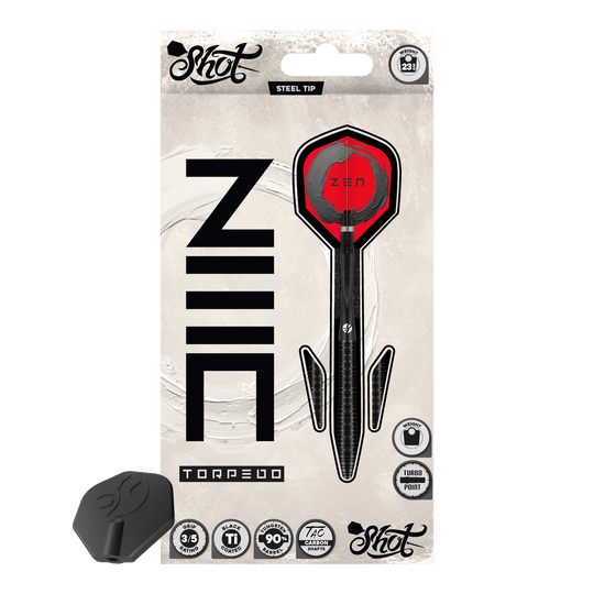 Shot ZEN Torpedo Turbo Point Steel Darts - 23g Die Shot ZEN Torpedo Turbo Point Steeldarts mit 23g werden aus einer anderen Perspektive gezeigt. Die Oberfläche und die Details der Darts sind gut zu erkennen.