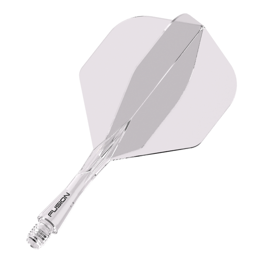 Winmau Fusion Flight Shaft System Standard Clear Das Bild zeigt ein durchsichtiges Dartflight- und Shafts-System. Auf dem Schaft steht das Wort "FUSION".